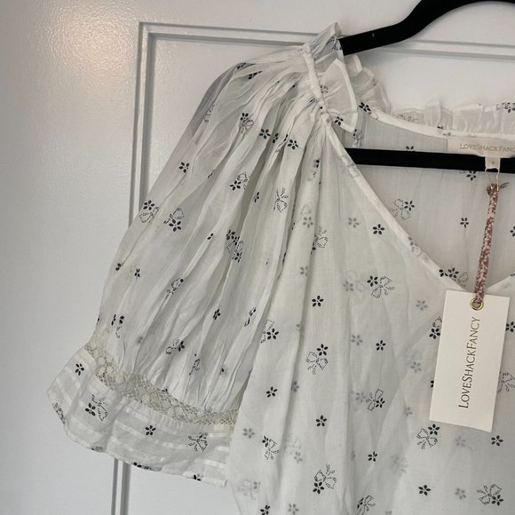 LoveShackFancy Azura Mini Dress White Deep V-neck Puff Sleeves Ruffled Skirt - Picture 6 of 13